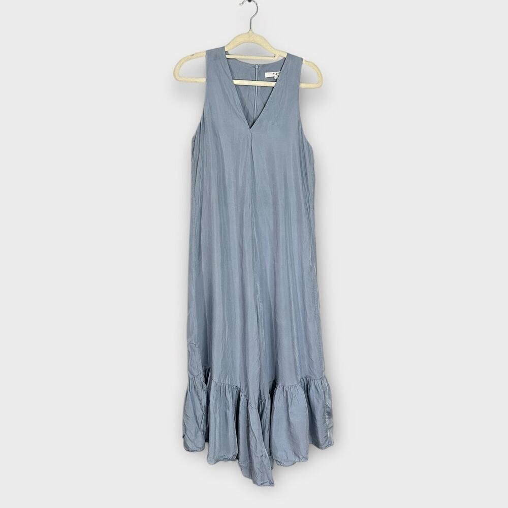 Tibi Ruffle Hem Jumpsuit Womens 2 Blue Gray Twill Wide Leg Sleeveless V-Neck RTR